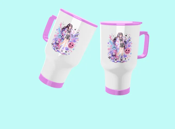 Kit digital com 5 agendas A5 e 5 artes para canecas Anime Kawaii, com modelos combinando para imprimir, personalizar e criar kits.