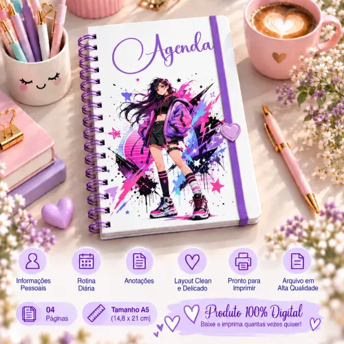 Kit digital com 5 agendas A5 e 5 artes para canecas Anime Kawaii, com modelos combinando para imprimir, personalizar e criar kits.