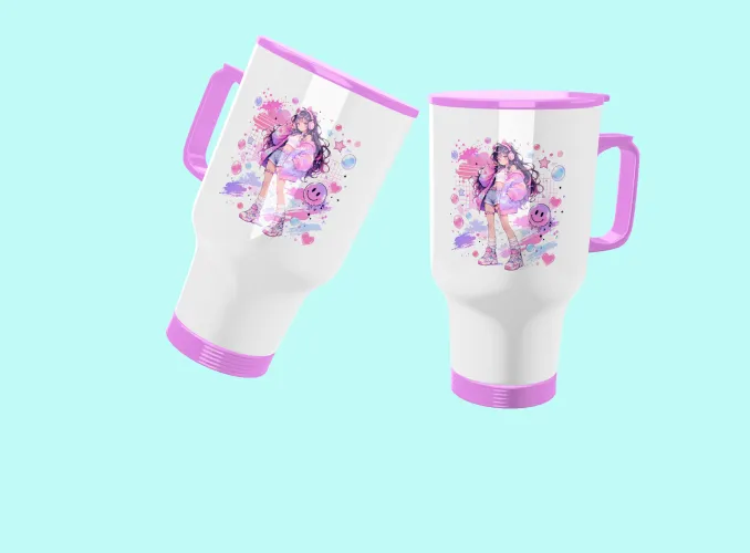 Kit digital com 5 agendas A5 e 5 artes para canecas Anime Kawaii, com modelos combinando para imprimir, personalizar e criar kits.