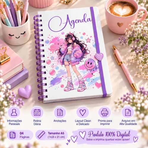 Kit digital com 5 agendas A5 e 5 artes para canecas Anime Kawaii, com modelos combinando para imprimir, personalizar e criar kits.