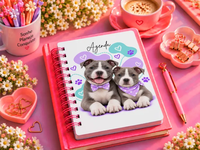 Agenda 2027 com dupla de filhotes marrons e detalhes lilás
Agenda 2027 com dupla de cachorrinhos cinza e branco
Agenda 2027 com dois filhotes 
Agenda 2027 com dupla de cachorrinhos Akita 
Agenda 2027 com dois Dogues Alemães arlequim
Agenda 2027 com dupla de cachorrinhos cinza escuro