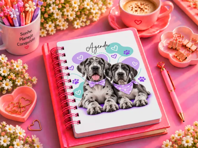 Agenda 2027 com dupla de filhotes marrons e detalhes lilás
Agenda 2027 com dupla de cachorrinhos cinza e branco
Agenda 2027 com dois filhotes 
Agenda 2027 com dupla de cachorrinhos Akita 
Agenda 2027 com dois Dogues Alemães arlequim
Agenda 2027 com dupla de cachorrinhos cinza escuro