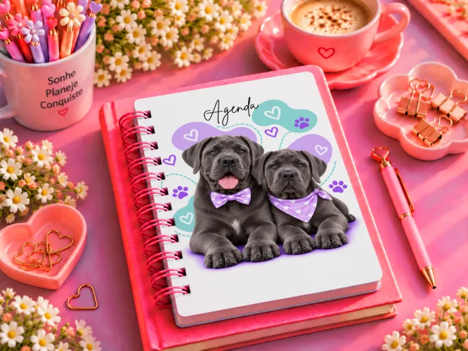 Agenda 2027 com dupla de filhotes marrons e detalhes lilás
Agenda 2027 com dupla de cachorrinhos cinza e branco
Agenda 2027 com dois filhotes 
Agenda 2027 com dupla de cachorrinhos Akita 
Agenda 2027 com dois Dogues Alemães arlequim
Agenda 2027 com dupla de cachorrinhos cinza escuro