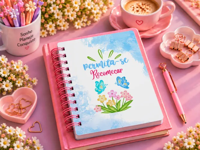 Kit com 8 agendas digitais femininas A5 em PDF para imprimir, com capas delicadas de borboletas, flores, laços e frases inspiradoras.