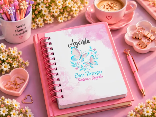 Kit com 8 agendas digitais femininas A5 em PDF para imprimir, com capas delicadas de borboletas, flores, laços e frases inspiradoras.
