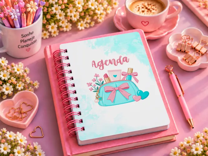 Kit com 8 agendas digitais femininas A5 em PDF para imprimir, com capas delicadas de borboletas, flores, laços e frases inspiradoras.