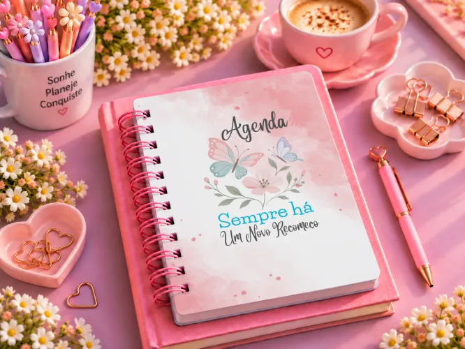 Kit com 8 agendas digitais femininas A5 em PDF para imprimir, com capas delicadas de borboletas, flores, laços e frases inspiradoras.