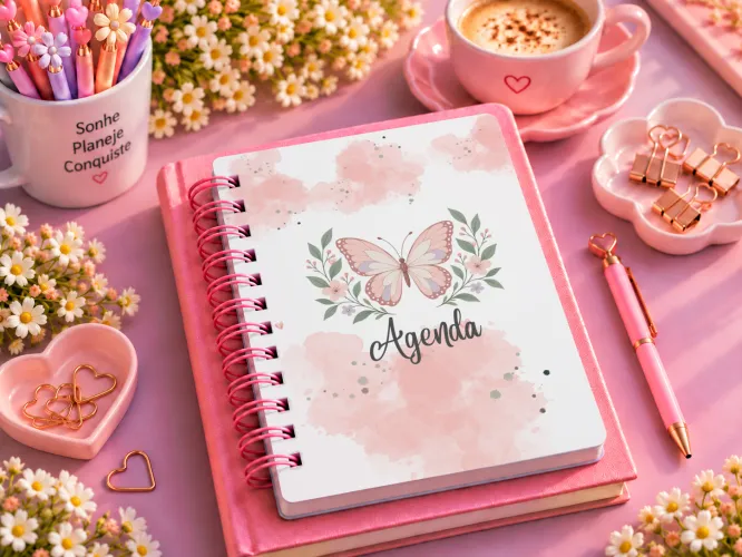 Kit com 8 agendas digitais femininas A5 em PDF para imprimir, com capas delicadas de borboletas, flores, laços e frases inspiradoras.