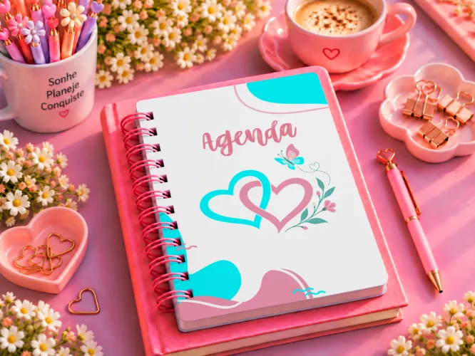 Kit com 8 agendas femininas A5 em PDF para imprimir. Cada agenda possui 3 páginas, arquivos em alta resolução e prontos para impressão.
