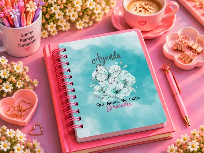 Kit com 8 agendas femininas A5 em PDF para imprimir. Cada agenda possui 3 páginas, arquivos em alta resolução e prontos para impressão.