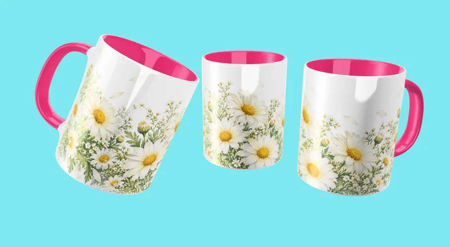 Kit Abril Margaridas 2027 com artes PNG para caneca e personalizados, mais agenda PDF A5 com capa, dados pessoais e página para anotações.