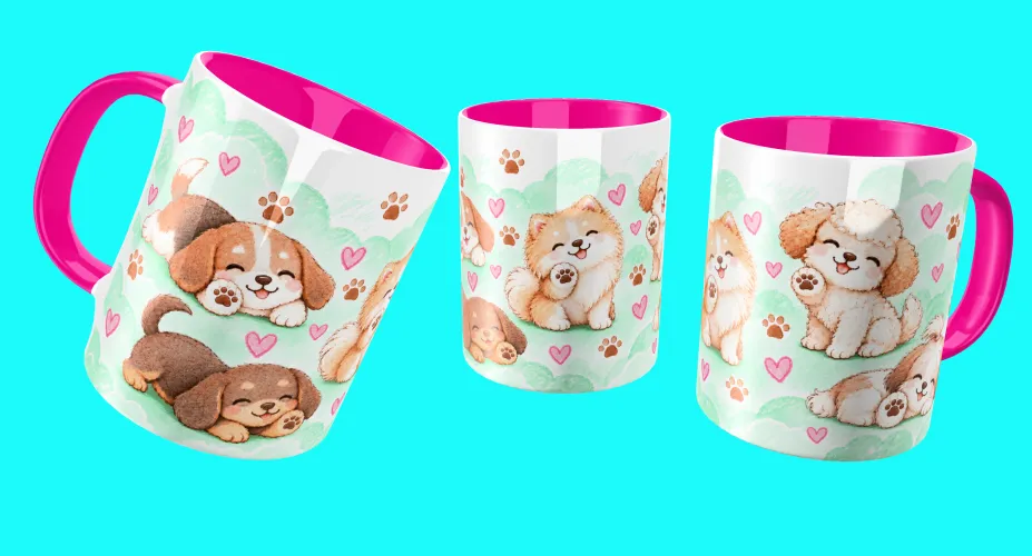 Agenda 2027 com cachorrinhos fofos, corações e patinhas
Caneca com arte de cachorrinhos fofos, corações e patinhas
Ecobag personalizada com cachorrinhos fofos e corações