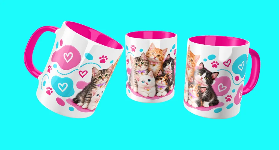 Agenda 2027 com gatinhos fofos, corações e patinhas
Arte para caneca com gatinhos fofos, corações e patinhas