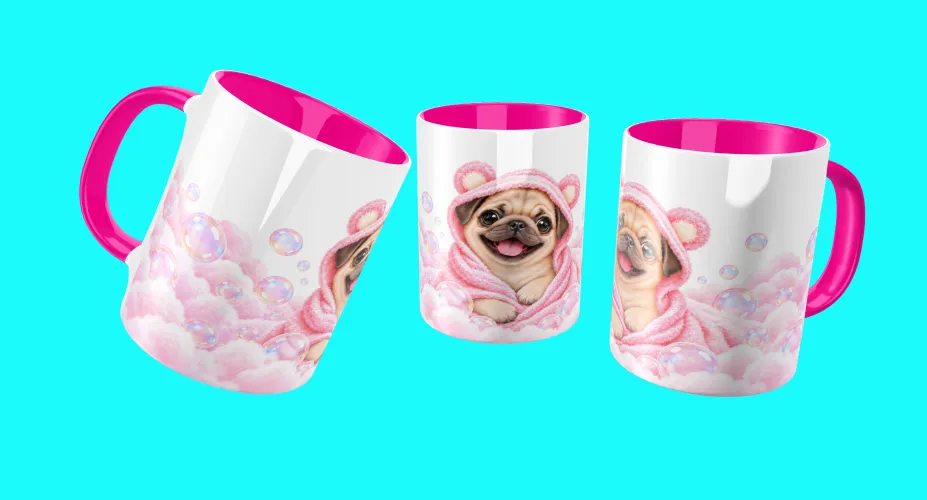 Agenda 2027 com Pug fofo usando capuz rosa e nuvens delicadas
Arte para caneca com Pug fofo em capuz rosa e bolhas delicadas