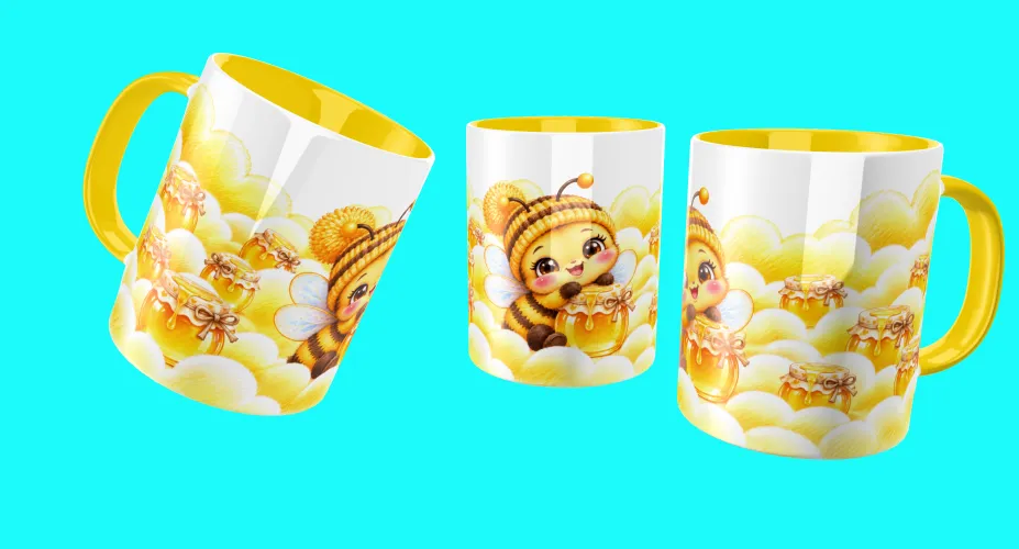 Agenda 2027 digital com abelhinha fofa e pote de mel
Arte para caneca com abelhinha fofa, mel e nuvens amarelas