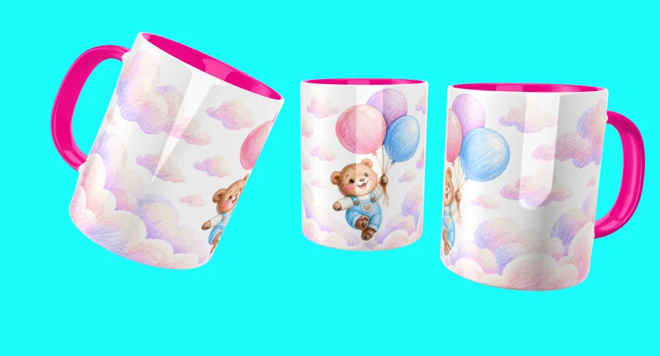 Agenda 2027 com ursinho fofo segurando balões em tons pastel
Arte para caneca com ursinho, balões coloridos e nuvens pastel