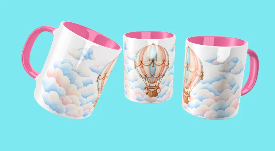 Kit Balão nas Nuvens 2027 com artes PNG para caneca e personalizados, agenda A5 em PDF e mockups para divulgação. Produto 100% digital.