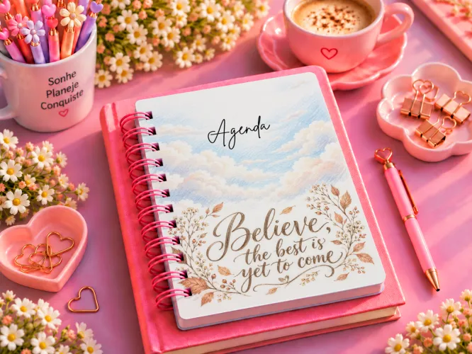 Kit Believe 2027 com artes PNG para caneca, ecobag, camiseta e almofada, além de agenda PDF A5 14,8 x 21 cm. Produto 100% digital.