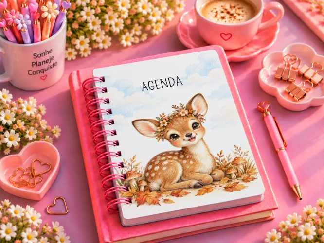 Kit Cervinho Bosque 2027 com artes PNG para caneca e ecobag e agenda PDF A5 14,8 x 21 cm. Arquivos digitais para personalizados.