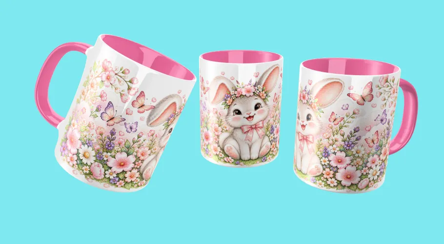 Kit Coelhinha Jardim 2027 com artes em PNG para caneca e ecobag e agenda A5 em PDF com capa, dados pessoais e página para anotações.