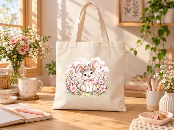 Kit Coelhinha Jardim 2027 com artes em PNG para caneca e ecobag e agenda A5 em PDF com capa, dados pessoais e página para anotações.