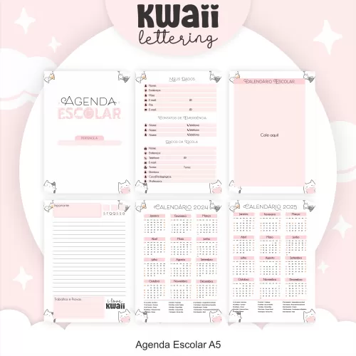 Kit Completo Volta às Aulas 2024 (Encadernação) – Kawaii Lettering – Pamella Vieira