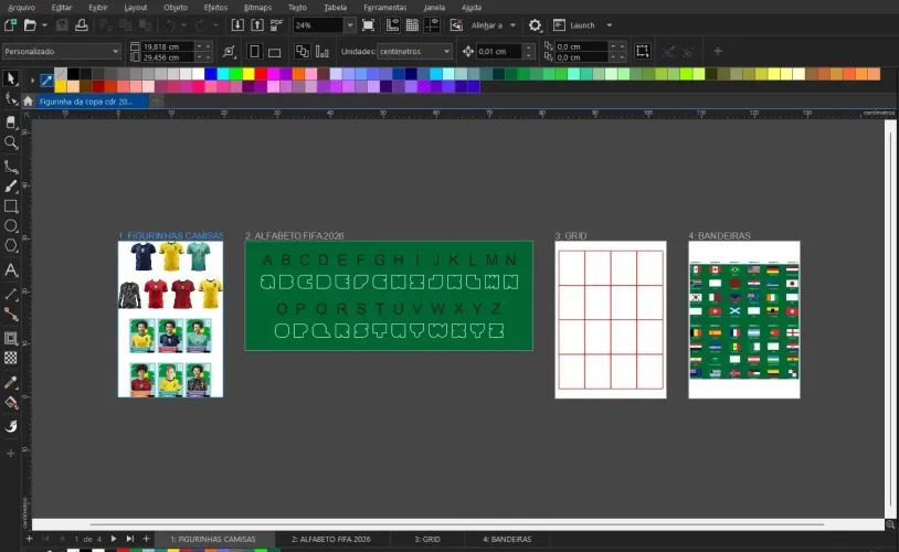 Kit Figurinhas da Copa Editável em CorelDRAW, ideal para quem deseja criar figurinhas personalizadas com aparência profissional e alta qualidade de impressão. O arquivo acompanha modelos editáveis de figurinhas, camisas em 4K, bandeiras em vetor, fonte TTF, grid de impressão e elementos organizados para facilitar a personalização.