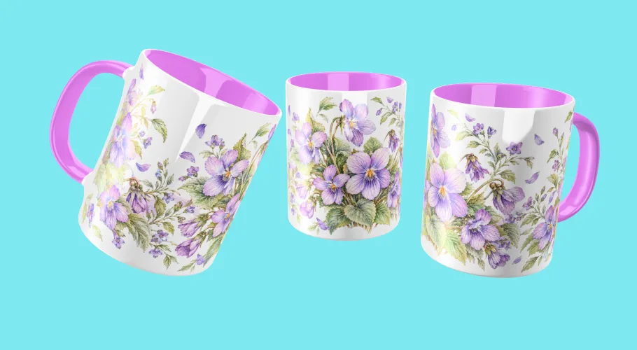 Kit Flor de Fevereiro 2027 com violeta em PNG para personalizados, arte para caneca e agenda A5 em PDF. Arquivos digitais prontos para uso.