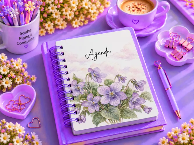Kit Flor de Fevereiro 2027 com violeta em PNG para personalizados, arte para caneca e agenda A5 em PDF. Arquivos digitais prontos para uso.