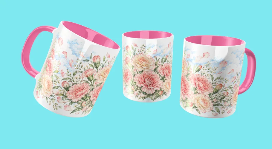 Kit Flor de Janeiro 2027 com arte de cravo em PNG para caneca e personalizados, mais agenda A5 em PDF. Arquivos digitais prontos para produção.
