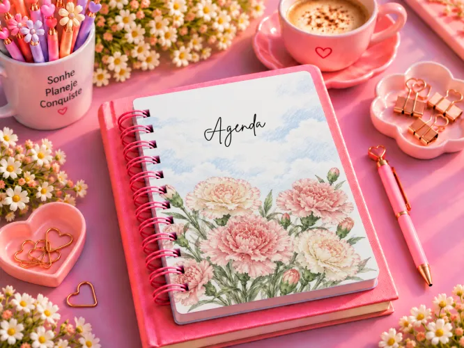 Kit Flor de Janeiro 2027 com arte de cravo em PNG para caneca e personalizados, mais agenda A5 em PDF. Arquivos digitais prontos para produção.