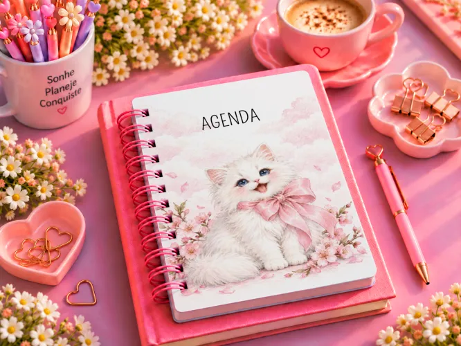 Kit Gatinha Cerejeira 2027 com artes PNG para caneca e ecobag e agenda PDF A5 14,8 x 21 cm. Arquivos digitais para personalizados.