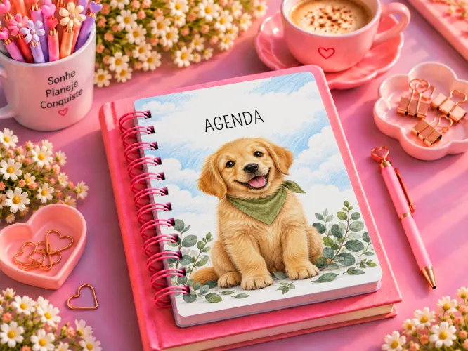 Kit Golden Retriever 2027 com artes PNG para caneca e ecobag e agenda PDF A5 14,8 x 21 cm. Arquivos digitais para personalizados.