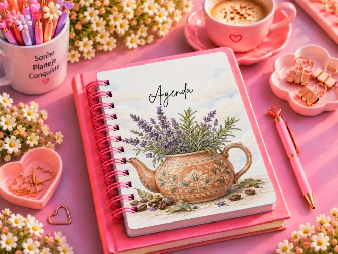 Kit Lavanda e Café 2027 com artes PNG para caneca e ecobag e agenda PDF A5 14,8 x 21 cm. Arquivos digitais para personalizados.