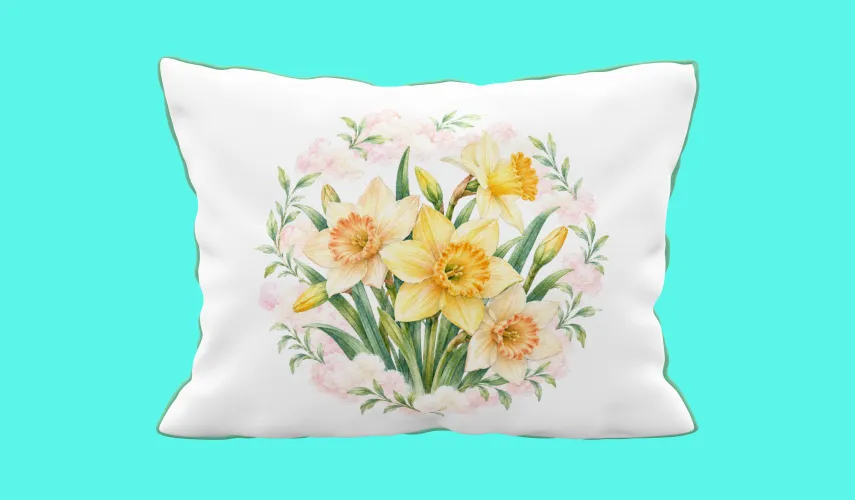 Kit Março Narcisos 2027 com artes PNG para caneca e personalizados, além de agenda PDF A5 com capa, dados pessoais e página para anotações.