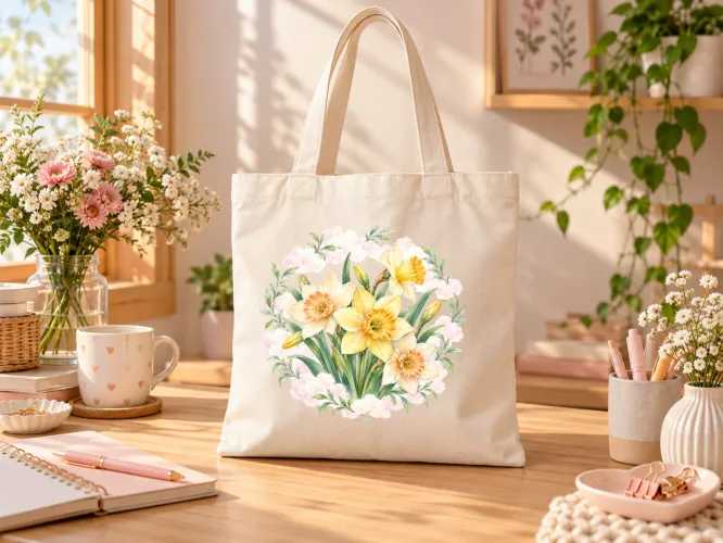 Kit Março Narcisos 2027 com artes PNG para caneca e personalizados, além de agenda PDF A5 com capa, dados pessoais e página para anotações.