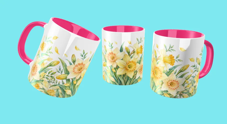 Kit Março Narcisos 2027 com artes PNG para caneca e personalizados, além de agenda PDF A5 com capa, dados pessoais e página para anotações.