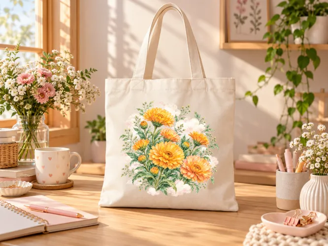 Kit Outubro 2027 com artes de calêndula em PNG, agenda A5 em PDF e mockups para divulgação. Arquivos digitais para sublimação e personalizados.