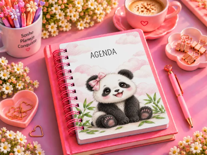 Kit Panda Fofo 2027 com artes PNG para caneca e ecobag e agenda PDF A5 14,8 x 21 cm. Arquivos digitais prontos para personalização.