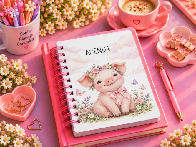 Kit Porquinha Jardim 2027 com artes PNG para caneca e ecobag e agenda PDF A5 14,8 x 21 cm. Arquivos digitais para personalizados.