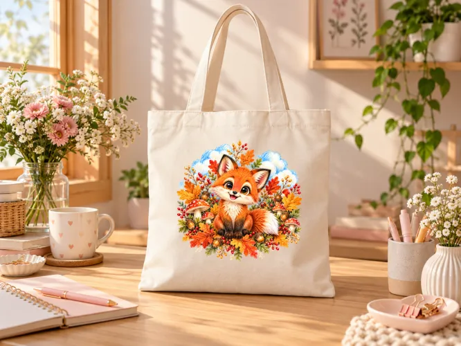 Kit Raposinha Outono 2027 com arte para caneca e ecobag em PNG e agenda PDF A5 14,8 x 21 cm. Arquivos digitais para personalizados.
