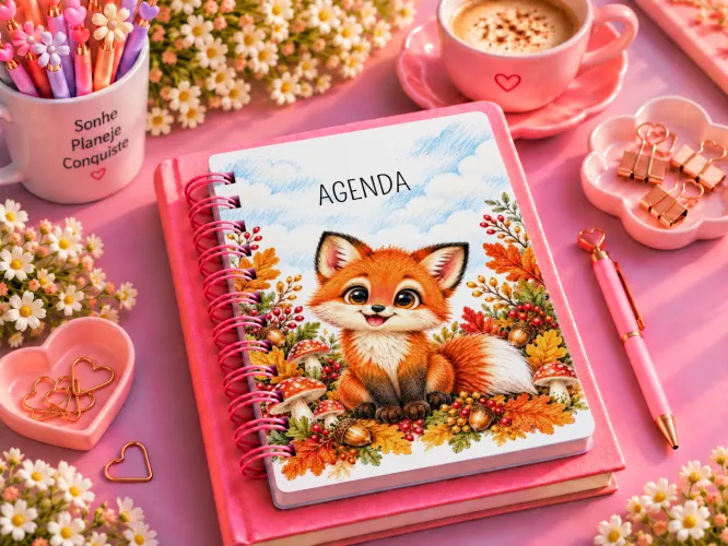 Kit Raposinha Outono 2027 com arte para caneca e ecobag em PNG e agenda PDF A5 14,8 x 21 cm. Arquivos digitais para personalizados.