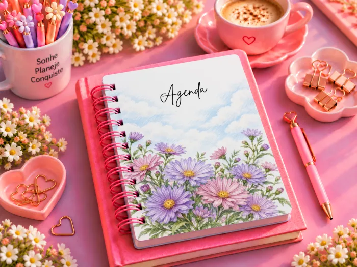 Kit Setembro 2027 com artes de áster em PNG, agenda A5 em PDF e mockups para divulgação. Arquivos digitais para personalizados e sublimação.