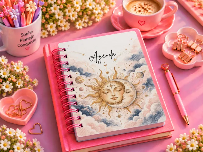 Kit Sol e Lua Celestial com artes PNG para personalizados e agenda PDF A5 14,8 x 21 cm. Ideal para caneca, ecobag, camiseta e almofada.