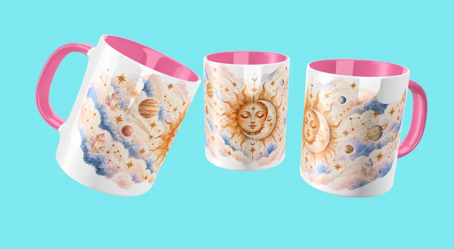 Kit Sol e Lua Celestial com artes PNG para personalizados e agenda PDF A5 14,8 x 21 cm. Ideal para caneca, ecobag, camiseta e almofada.