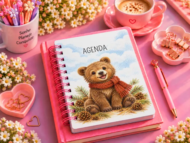Kit Ursinho Inverno 2027 com arte para caneca e ecobag em PNG e agenda PDF A5 14,8 x 21 cm. Arquivos digitais para personalizados.