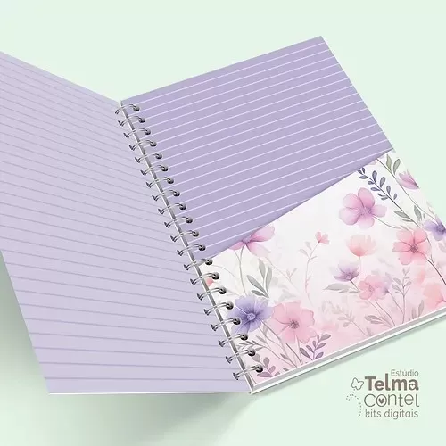 Kit combo Lilás – Caderno A5+bloco A6+Chaveiro+Papéis Digitais+Planejamento Sem. – Telma Contel