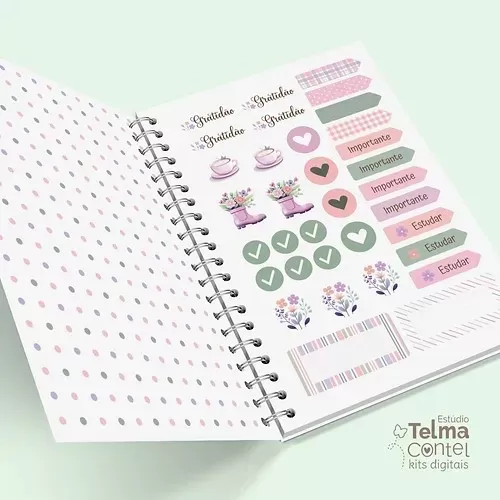 Kit combo Lilás – Caderno A5+bloco A6+Chaveiro+Papéis Digitais+Planejamento Sem. – Telma Contel