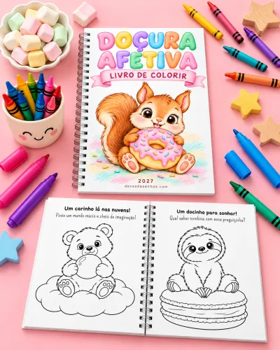 Livro de colorir Doçura Afetiva com 4 opções de capa e 20 desenhos