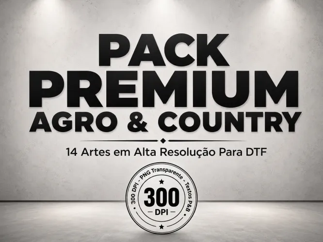 Banner promocional do pacote com 14 artes premium nos temas agro e country para estamparia digital em DTF, arquivos em alta resolução 300 DPI com fundo transparente e variações de texto em preto e branco.